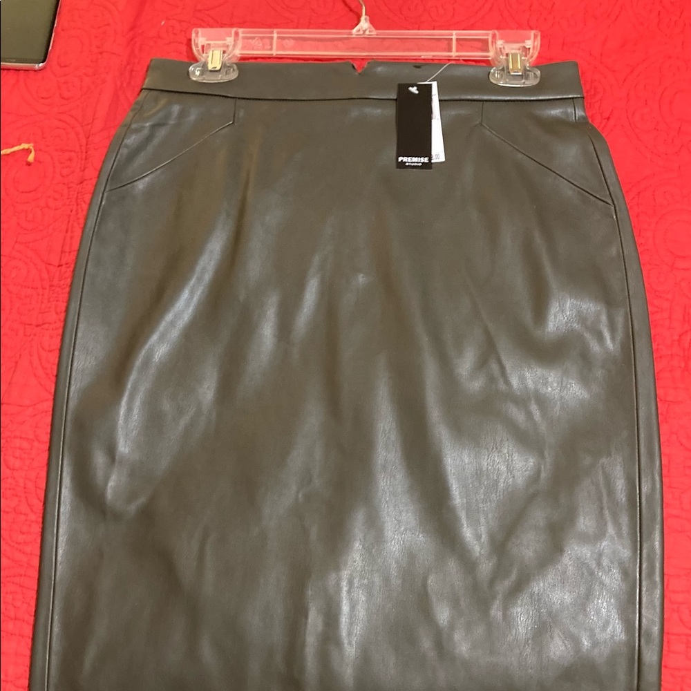 Faux Leather Midi Skirt in Olive Green NWT